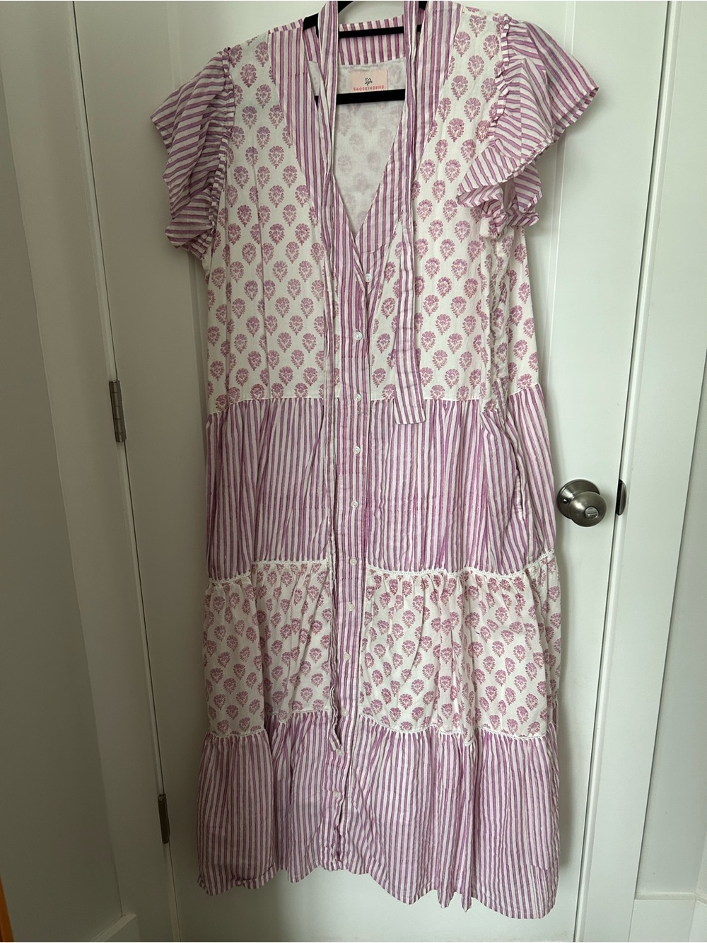 Light Pink Printed Tiered Maxi Dress with Ruffle Sleeves